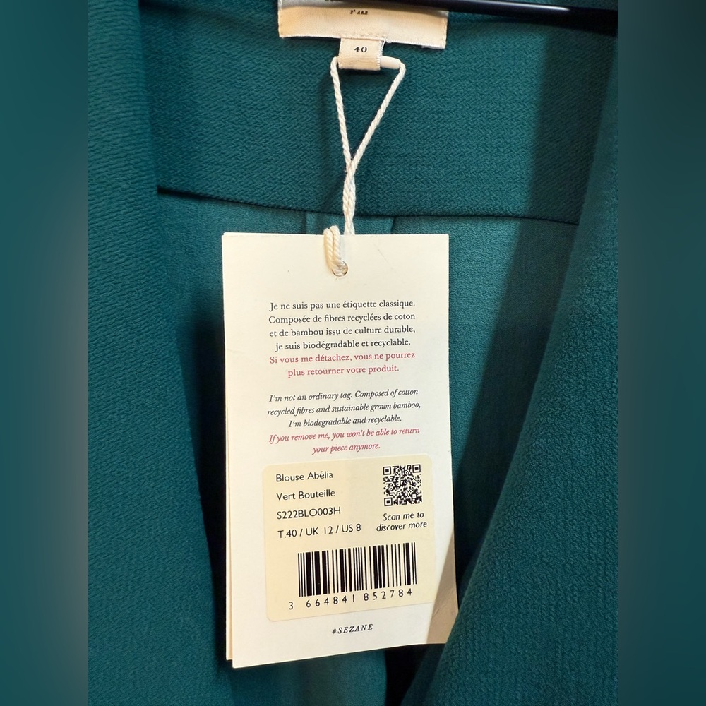 NWT Sezane Abelia bottle Green Blouse - Picture 3 of 3